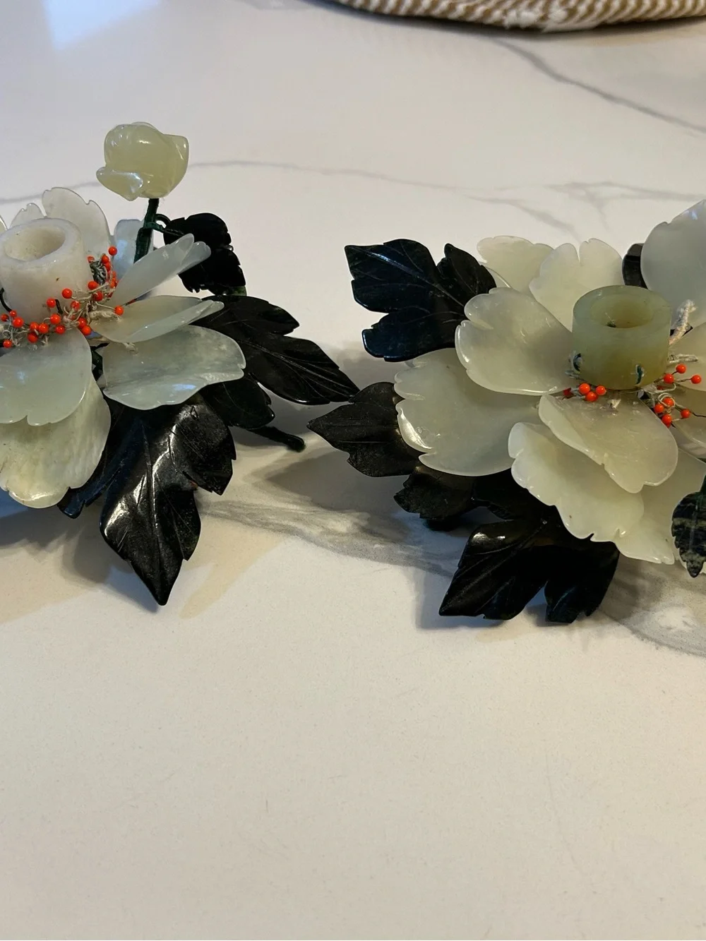 Chinese Carved Jade Lotus Flower & Leaves Candle Holder Set of 2